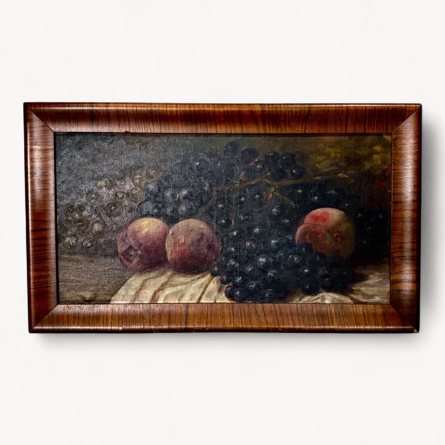 VINTAGE OIL STILL LIFE - Grapes & Peaches in Burled Wood Frame   $275