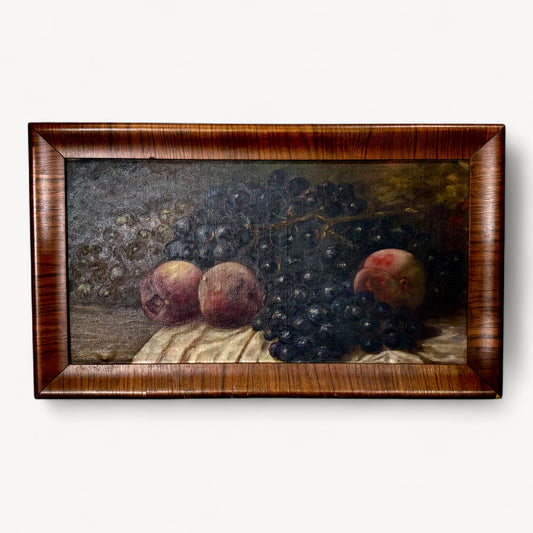 VINTAGE OIL STILL LIFE - Grapes & Peaches in Burled Wood Frame   $275